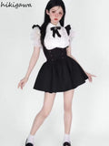 Skirt Suit Korean Two Piece Set for Women Ruffles White Puff Sleeve Shirt Tunic Bandgae Strap Skirts Outfits Y2k