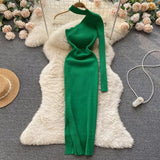 Halter Hollow Out Sexy Knitted Dress One Shoulder Long Sleeve Elastic Slim 2022 Women Autumn Split Party Sweater