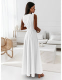 For Women 2023 Sexy Loose Slim V Neck Solid Color Long Dresses White Sleeveless Elegant Party Evening Robe Maxi