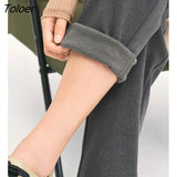 Women Pants 2022 Winter Thick Elastic Waist Straight Loose Trousers Dark Gray Warm Chic Casual Streetwear Long