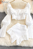 Two Piece Set Women 2023 Summer New High Street Fashion Sexy French Outfits Navel Blouses + Solid Wild Ruffles