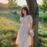 Women Summer White Floral Lace Hollow Out V-Neck Casual Dresses Elegant Single-breasted Short Sleeve Fashion Female