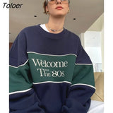 Retro American Letter Embroidery Sweatshirt O-neck Color Block Oversized Pullover Winter Clothes Women Streetwear Korean