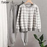 Houndstooth Knit Womens Tracksuits Korean Fashion O Neck Woman Pullovers + Harem Pants Two Piece Sets Y2k Winter
