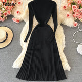 Women Pleated Knitted Dress Turtleneck Long Sleeve Elastic Slim Pencil Dress Autumn Winter Sexy Bodycon Sweater