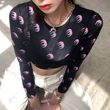 Graduation party Fashion Moon Print Long Sleeve Crop Top T Shirt With Bra Camisole Women Sexy Harajuku Two Pieces Set Streetwear
