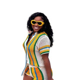 Women's Hollow Collar Collar Top High-Waisted Shorts Knitted Two Sets 2025 Striped Elements