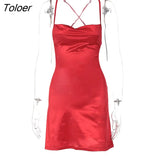 Solid Satin Dress Women Party Club Sexy 2023 Spring Summer Backless Bandage Mini Dresses Elegant Vestido Clothes