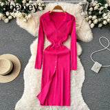 Sexy Split Knitted Dress Lapel V Neck Long Sleeve Button Bodycon Sweater Dress Women Streetwear Midi Long