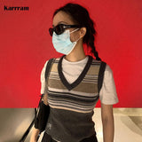 Korean Fashion V-neck Vest Pretty Style Knitted Tank Top Grunge Patchwork Embroidery Sweater Vest Vinatge Chic Crop