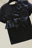 Shirts for Women Ruffles Patcheork Tshirt Fashion Sequins Y2K Tops White Black T-shirts Ropa Mujer Korean Summer