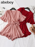 Women Rompers casual wide leg pants overalls short sleeve v neck solid playsuits summer beach chiffon ruffle