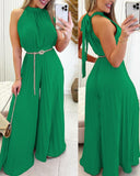 Jumpsuit Women Overalls Summer Sleeveless Pleated Wide Leg Casual Halter Tied One Piece Plain Long Jumpsuit Without