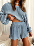 Fashion Blue Pleated Womens Two Peice Sets Casual Loose Long Sleeve Shirt Matching Shorts Set Elegant Home Female
