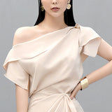 2019 Runway fashion Summer 2 Pcs Set Elegant Women's One Shoulder Sexy Crop Tops + high waist Ruffles Long Skirts