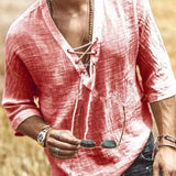 Viking Pirate Medieval Cosplay Halloween Costume Men Shirt V Neck Lace Up Vintage Shirt Half Sleeve Linen Blouse