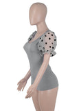 Sweet U-Neck Puff Sleeve Dot Print Regular