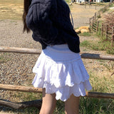 Y2k White Mini Skirt Women Summer Korean Fashion Embroidered Double-layer Ruffle Fairycore Cute High Waist Skirt