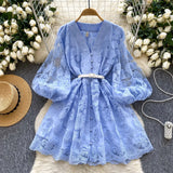 Sweet Court Style V-Neck Lantern Sleeve Embroidery Collection Thin Single Buckle A Word Elegant Dress