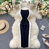 Women's Knitting Sheath Letters Tank Dress Female Bodycon Knitted Camisole Sleeveless Patchwork Mini Dresses For