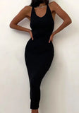 Black Sexy Sleeveless Solid Backless Chains Midi