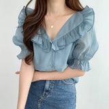 Women Ulzzang Chic Summer Lovely Ruffles Fashion Blusas Ladies Tops All-match Office Lady Clothing Daily Popular