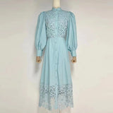 TWOTWINSTYLE Embroidery Elegant Dress For Women Stand Collar Puff Sleeve High Waist Cut Out Midi Dresses Female Fashion