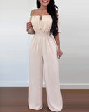 Jumpsuit Off Shoulder Shirred Waist Jumpsuits Summer 2023 Women Wide Leg Pants Playsuits High Waist Overalls