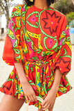 Casual Print Dress For Women O Neck Long Lantern Sleeve Bandage Bow High Waist A Line Dress Female Fashion New 2023