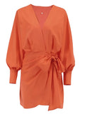 Casual Women Wrap Dress Lace-Up Bow Orange Linen Dress Summer 2022 Lantern Sleeve Irregular Tunic Dresses
