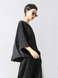 Women Black Irregular Split Joint Big Size T-shirt New Round Neck Three-quarter Sleeve Fashion Spring Summer 2023