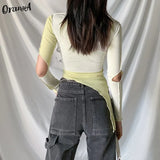 Women Casual Summer Long Sleeve t-Shirt Asymmetry Patchwork Crop Tops Turtleneck Elastic Hight Skinny Fashion