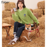 Women Fleece Sweatshirt 2022 Winter Long Sleeve O Neck Loose Hoodie Cute Dog Print Warm Casual Streetwear