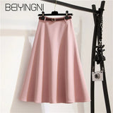 Summer Sashes A-line Skirts Women Solid Elegant Kpop Tutu Skirts Office Lady Umbrella Midi Skirt Vintage Faldas
