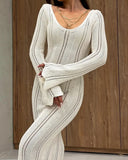 Women's Fashion Elegant V-Neck Knitted Dress Horny Sleeves Hollowed-Braceed Long