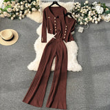 Feel Set 2025 Spring Women's Metal Buckle Vest Knitted Open-Shirt Broad Leg Pants Fashion Three-Piece