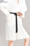 Fashion Women's Dress V-neck Long Sleeve Metal Buckle Belt Waist Knee-length Pleated White Dresses Female Spring 2023