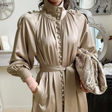 French Solid Turtleneck Luster Single-breasted Strap Waist Lantern Sleeve Long Dress for