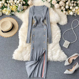 Women Sexy Split Knitting Dress Autumn Winter O Neck Long Sleeve Dress Korean Elasticity Warm Sheath Sweater
