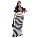 Knitted Suit Woman Sexy V-Necked Leaf Sleeve Top + Striped Ass Skirt