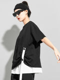 Women Black Contrast Color Irregular Big Size T-shirt New Round Neck Half Sleeve Fashion Tide Spring Summer 2023
