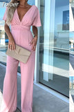 Jumpsuit Sexy Slim High Waist Short Sleeves Ruffle V-neck Pleated Wide Leg Overalls Women Jumpsuits One Piece