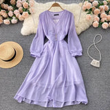Autumn Vintage V-Neck Chiffon Dress Women Elegant Puff Long Sleeve High Waist Purple/Green/White Robe Female Casual Vestidos