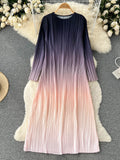 Autumn Vintage Women Draped Dress Elegant Round Neck Long Sleeve Loose Pleated Robe Female Casual Gradient Vestidos New