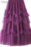 Casual Purple Patchwork Ruffle Ball Gown For Women High Waist Design Solid Elegant Mesh Skirts Female Summer Fashion