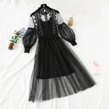New Women Fashion Dress Stand Collar Lantern Sleeve Mesh Dress See-through Lace Embroidery Fairy Dress Femme Vestidos