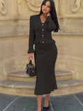 V-Neck Loaf Side Long Sleeve Open Shirt Bag Hip Fishtail Long Dress Elastic Knitted Two-Piece Suit