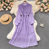 Autumn Purple/Red/Yellow Pleated Dress Women Vintage Stand Collar Puff Sleeve High Waist Draped Vestidos Female Midi Robe