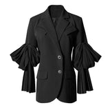 Women Black Pleated Irregular Blazer New Lapel Long Flare Sleeve Loose Fit Jacket Fashion Spring Autumn 2023