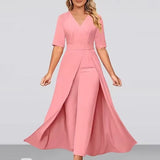 Office Lady Jumpsuit Patchwork V Neck 2023 New Summer Lace Up Women One Piece Long Trousers Solid Overalls